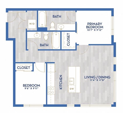 Floor plan for 2 beds, 2 baths, 929 sqft